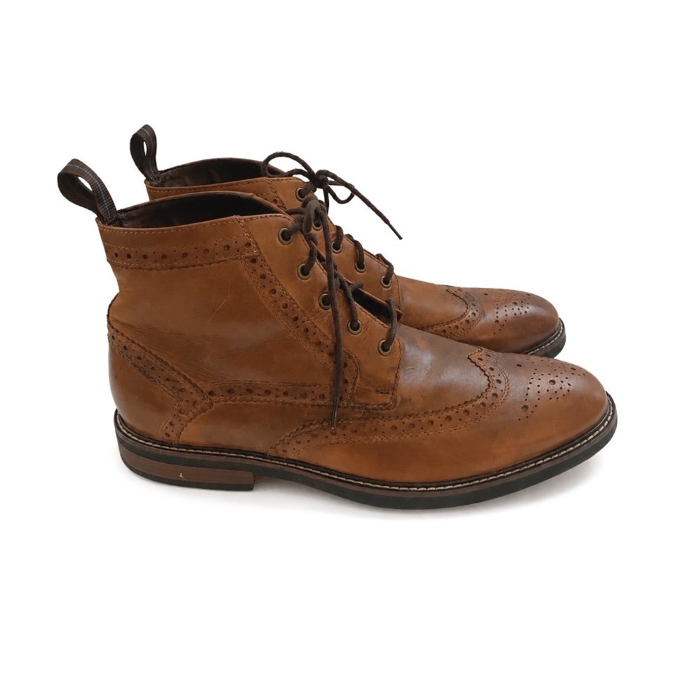 Nunn Bush Mens Tan Leather Wingtip Brogue Lace Up Ankle Dress Boots Sz 10.5